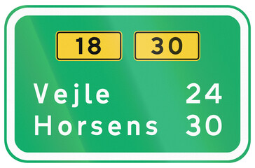Danish motorway road sign - Primary roads to Vejle and Horsens