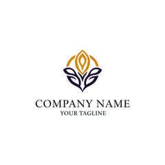 An elegant, symmetrical logo featuring a stylized golden flower bud and dark blue leaves within a circular frame, perfect for a luxury brand.