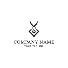 An elegant, minimalist black logo design featuring an abstract symbol with a droplet, rhombus, and horn-like shapes.