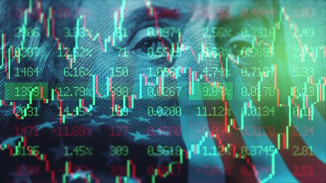 Stock market chart prices. Benjamin Franklin on the 100 dollars banknote background. Financial indexes candlestick graph. Investment analysis and currency exchange concept. American banks and economy