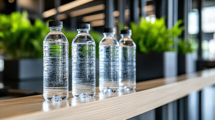 Refreshing water bottles lined up on wooden shelf with greenery in background