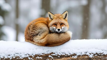 Red fox sleeping curled up on snow covered log in winter forest. wildlife animal in nature. cold season survival concept - Powered by Adobe