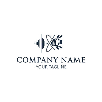 Abstract logo design featuring sound waves, orbiting lines, and a film clapperboard, suitable for a media or production company.