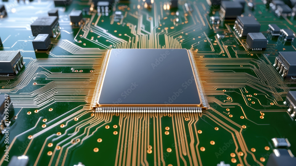 Poster close up of circuit board with central processing unit, showcasing intricate connections