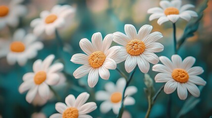 Closeup of white daisies with yellow centers in a garden