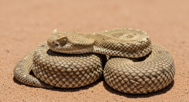 Horned viper coiled, sandy scales visible, on tan surface, vigilant expression