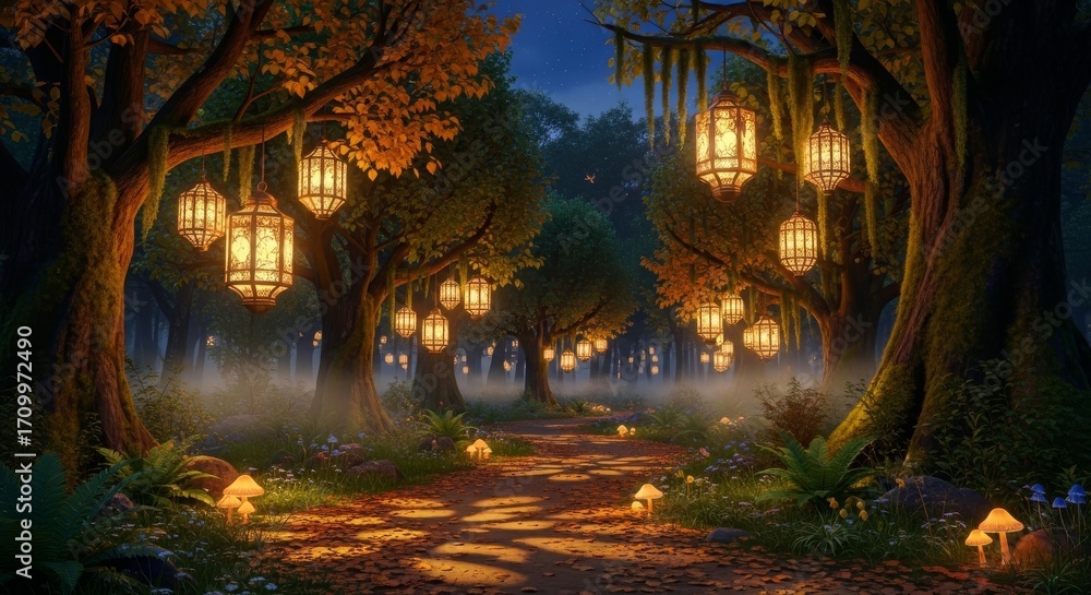 Poster enchanted forest path at dusk - a magical forest path illuminated by glowing lanterns hanging from t