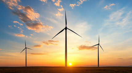 Obraz premium Close up of wind turbine silhouette at sunset, showcasing renewable energy and nature beauty