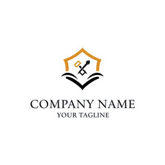 A logo template featuring a gold and black shield with a crossed hammer and sword above an open book.