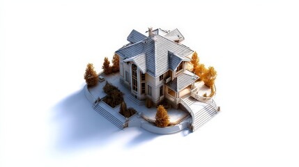 A modern architectural design of a unique house surrounded by trees, perfect for real estate marketing, home improvement projects, or design inspiration
