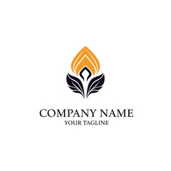 Elegant abstract logo design featuring a golden flame-like shape rising from dark, stylized leaves.