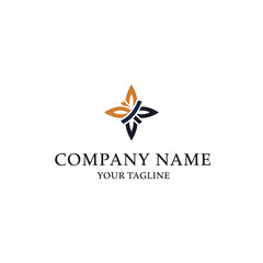 An elegant four-pointed star logo with interwoven gold and blue petals above placeholder company text.