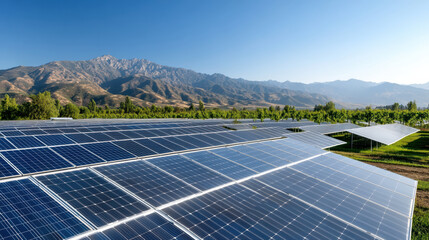 Solar panels in vast field under clear blue sky, surrounded by mountains and greenery