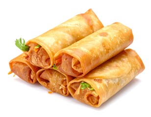 Golden-brown crispy spring rolls stacked, showcasing savory filling and fresh herbs.