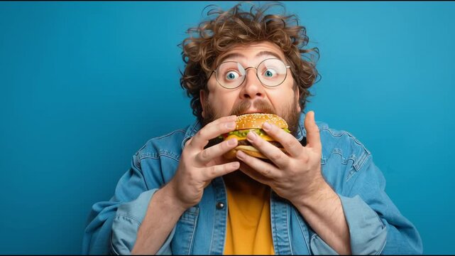 A plus-size man with curly hair and glasses eats a huge hamburger, looking surprised and excited. Suitable for culinary, comedy, or lifestyle videos.