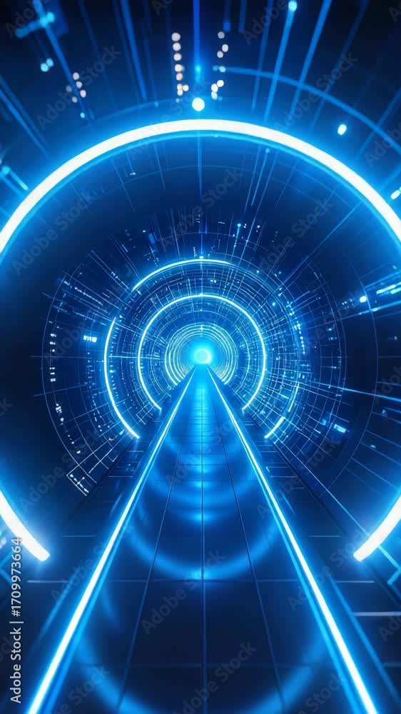 Poster abstract blue technology tunnel with glowing rings and grid pattern creating a futuristic and modern