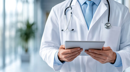 Doctor white coat holds digital tablet, showcasing professional and modern healthcare
