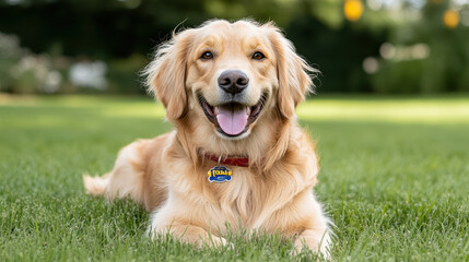 Golden retriever lying on grass, smiling happily, enjoying sunny day