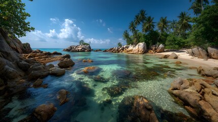 Obraz premium Clear blue water, rocky shore, palm trees, sunny day.