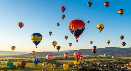 Colorful hot air balloons soaring over a scenic landscape at dawn.