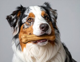 Close-up of an Australian Shepherd dog holding a dog bone, focused on the dog's expression and the treat.