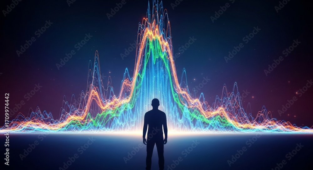 Poster man facing data visualization - silhouette of a person observing a large vibrant data visualization,