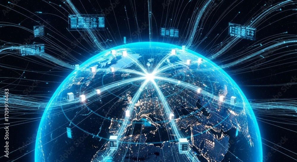 Poster global network data flow at night - universe, global connectivity, data streams, network infrastruct