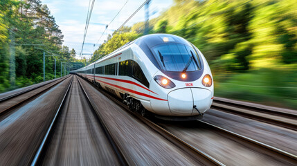 Fototapeta premium High speed train traveling through lush countryside, showcasing speed and modern design