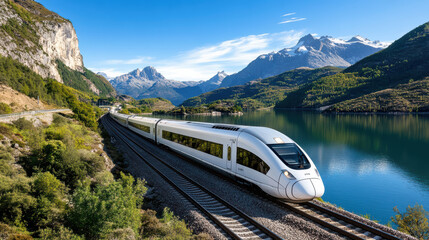 High speed train traveling through scenic countryside with mountains and lake
