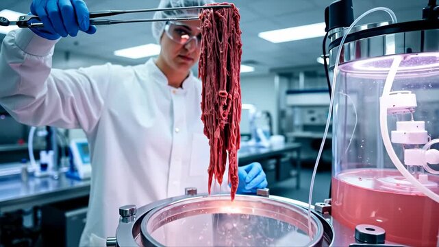 Scientist in sterile lab holding cultured meat with tongs over bioreactor. biotechnology and cellular agriculture. future of food and sustainable protein banner