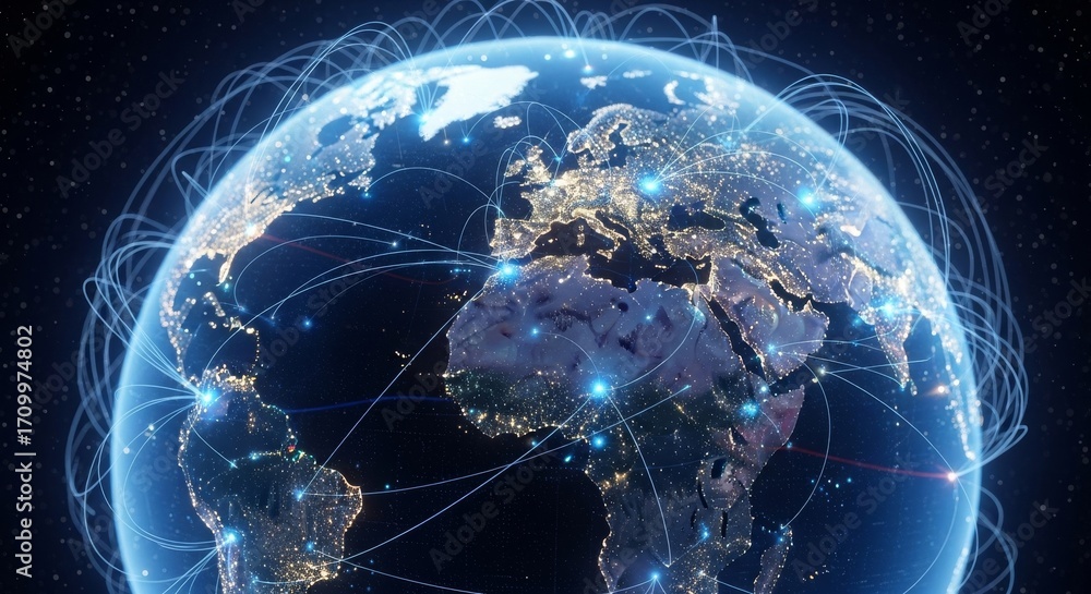 Poster global network connections - illuminated earth with glowing lines illustrating worldwide interconnec