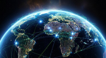 Naklejka premium Global Network Connections - Illuminated Earth showcasing interconnectedness via glowing lines representing global communication and data transfer