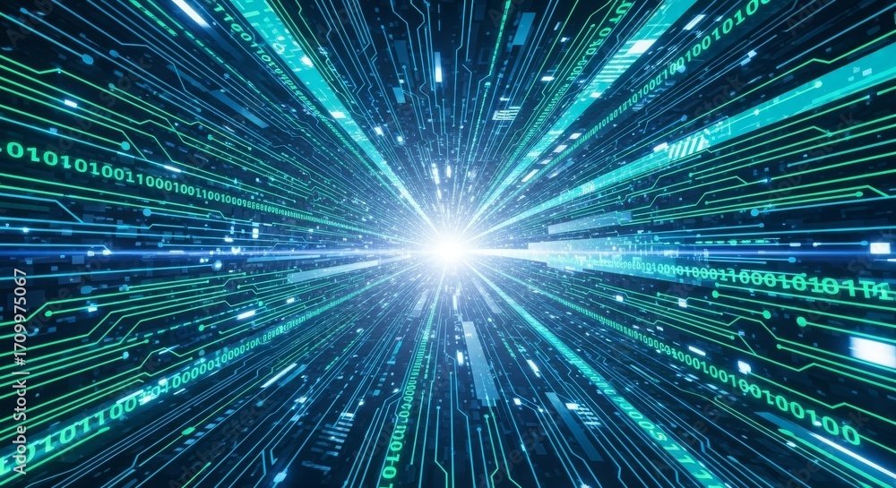 Poster data stream tunnel - abstract depicting a futuristic data stream flowing through a tunnel of light a