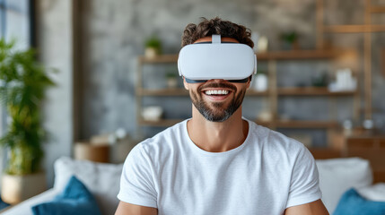Man wearing VR headset, smiling in modern living room, enjoying virtual reality experience