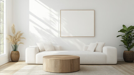 Minimalist living room with white sofa, wooden coffee table, and plants. Bright and airy