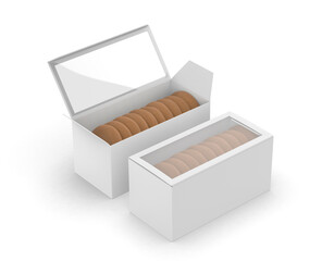 Blank paper box packaging for biscuits or cookies. Minimal and clean food container mockup ideal for branding, packaging design, product presentation, and advertising.  3D rendered illustration.