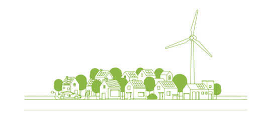 Eco-friendly city view, vector renewable energy, nature and surroundings.
Slim outline of a village home surrounded by lush trees, solar panels on the roof, an electric car with a charger