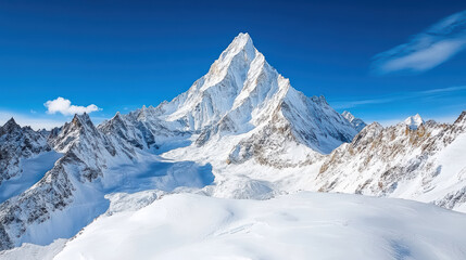 Fototapeta premium Majestic mountain landscape with snowy peaks clear blue sky, showcasing natural beauty