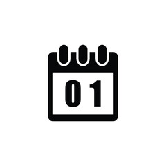 A minimalist black and white icon representing a calendar page displaying the number '01', signifying the first day of a month or event.