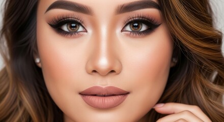Fototapeta premium Radiant Beauty: Young Asian Woman's Makeup - Close-up portrait of a young Asian woman showcasing flawless makeup, embodying beauty, confidence, elegance, youth, and