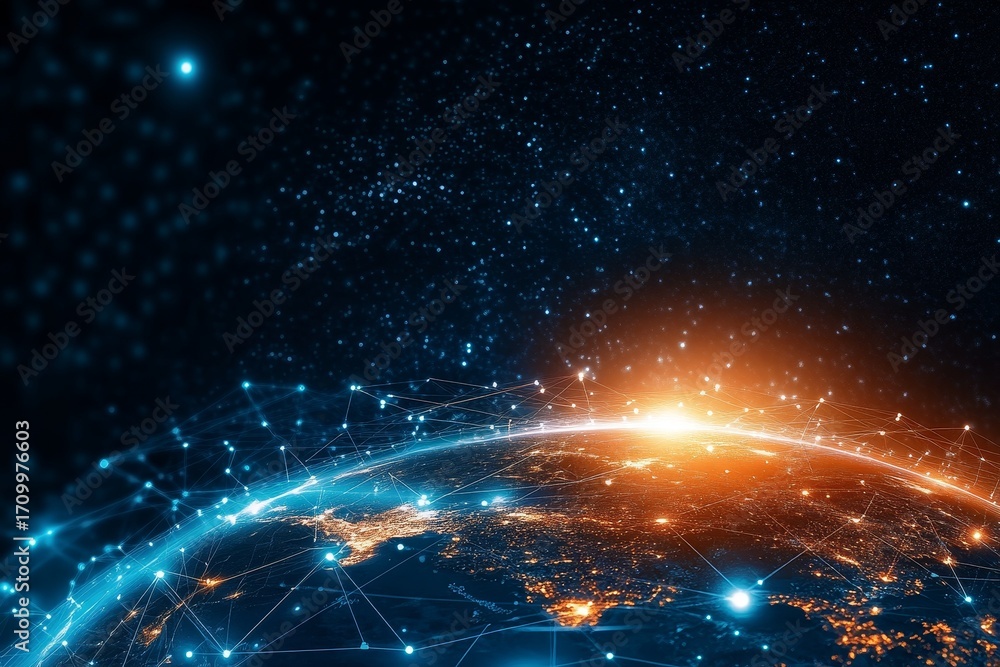 Poster futuristic world network global connection system for digital data exchange and communication