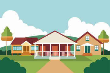 Fototapeta premium Vector illustration of three houses in a row with trees and clouds
