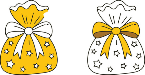 Two festive gift bags with charming star patterns and elegant bows, perfect for holiday celebrations