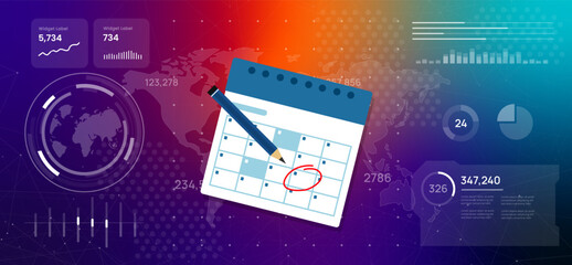 Digital dashboard calendar with marked date and a pencil illustration visualizes IT project management meeting scheduling event planning, and the importance of timeline