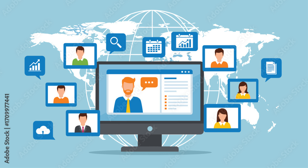Aufkleber global digital network connecting people online through computers and world map communication concep