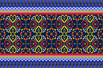 Colorful pixel art seamless pattern with ethnic geometric motifs and decorative borders, ideal for fabric, wallpaper, and digital backgrounds. Popular in Europe and America.