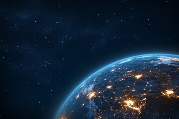 Fototapeta premium Night Aerial View of a Networked Earth, Showcasing Global Digitalization and Connectivity