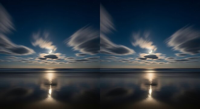 A captivating seascape at twilight, showcasing a lunar eclipse, with dramatic clouds and reflections on the water.
