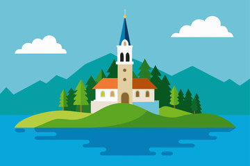 Idyllic island church with mountains and lake in flat design style