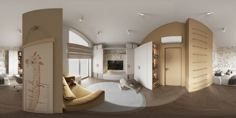 360 VR panorama of modern kids room interior with cozy bed, sofa, desk and playful decor. Warm neutral tones, jungle mural and toys create a stylish and functional space for children